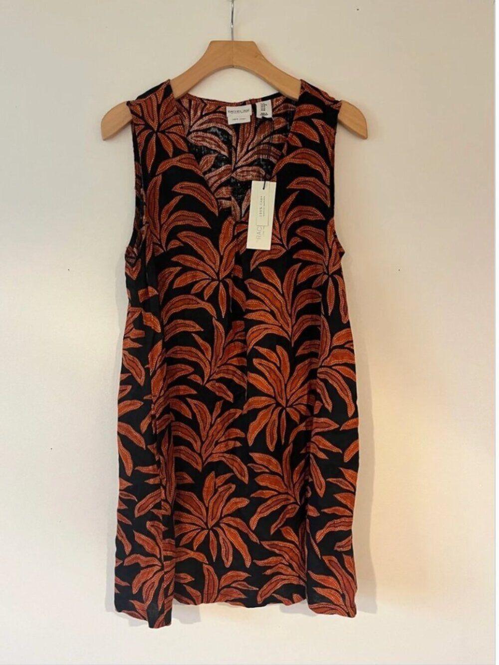 Rachel Zoe 100% Linen Sleeveless Black Dress with Rust Leaf Print, Size M, Vacay